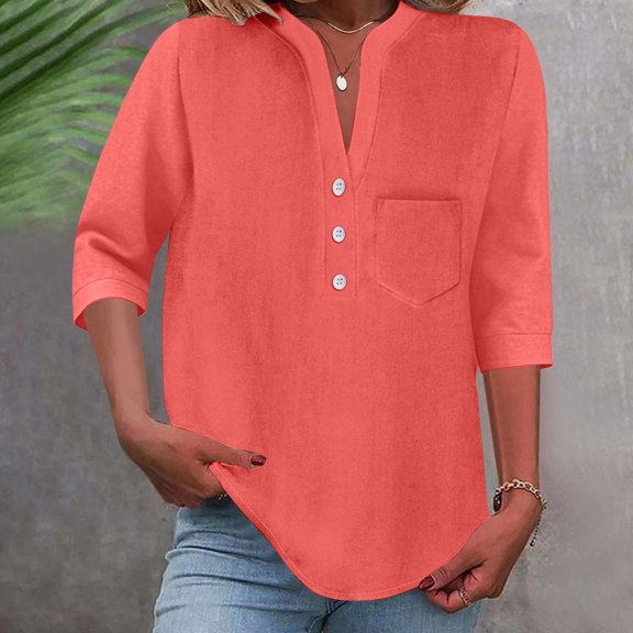 Summer Short Sleeve Tops For Women Looses Button Female-Neck With Pocket Solid Color Loose Fitting Tops Outfits Clothes 2026 - Watermelon Red∣L