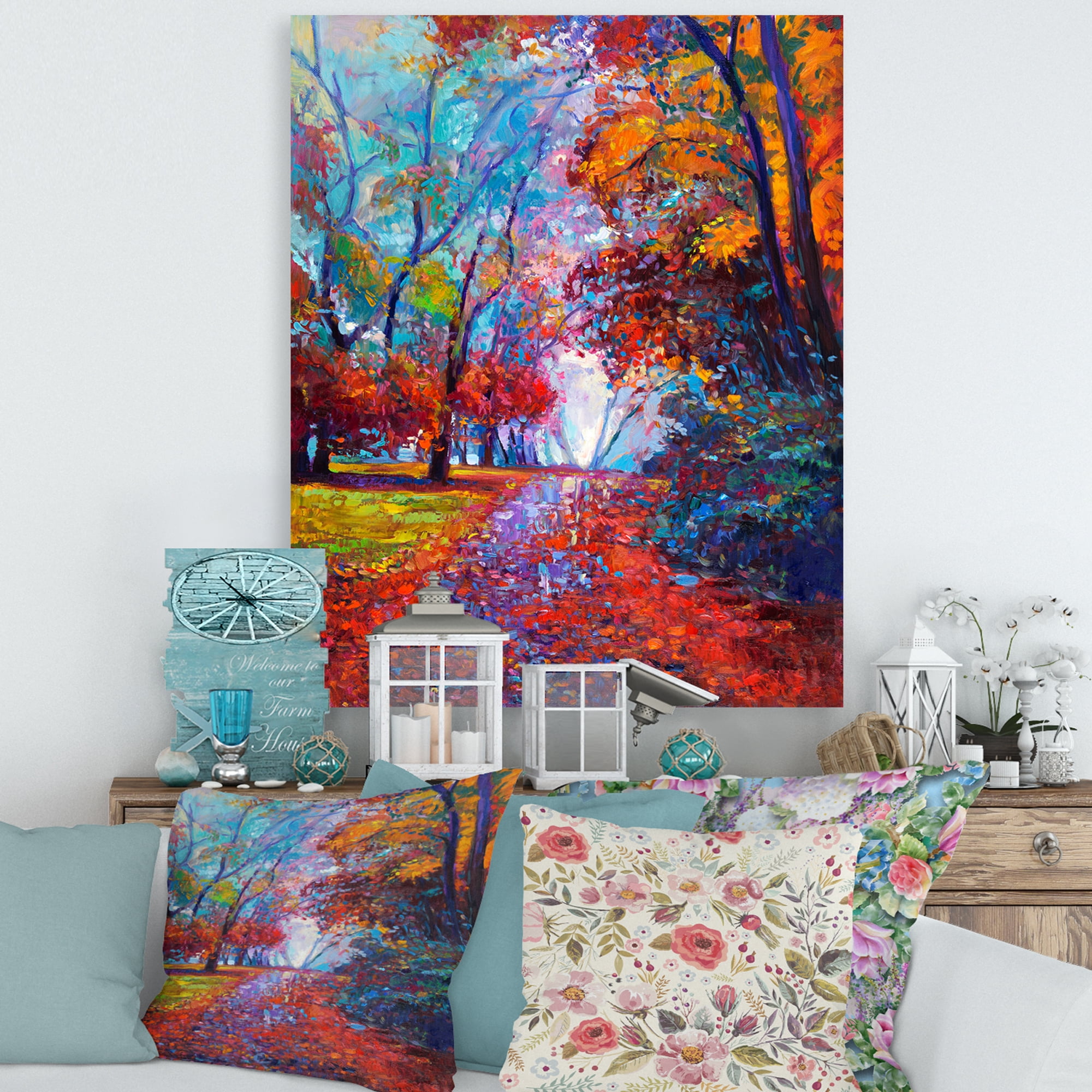 Designart ' Red Autumn Landscape With Little Road ' Traditional Canvas Wall Art Print