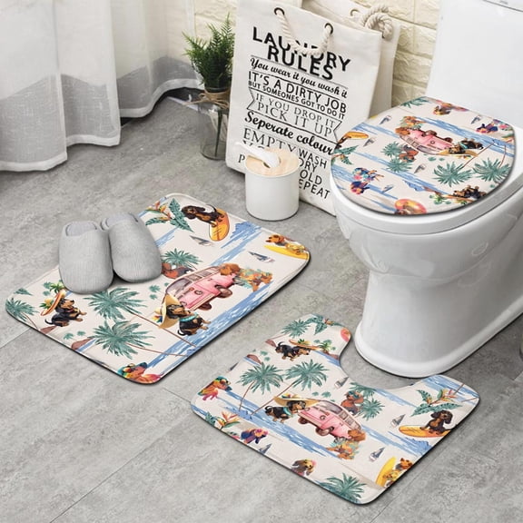 Dachshunds Tropical Beach Bathroom Rugs Sets 3 Piece,Toilet Cover Set,Absorbent Non Slip Bathroom Mats Sets with U-Shaped Contour Rug Toilet Rug Set