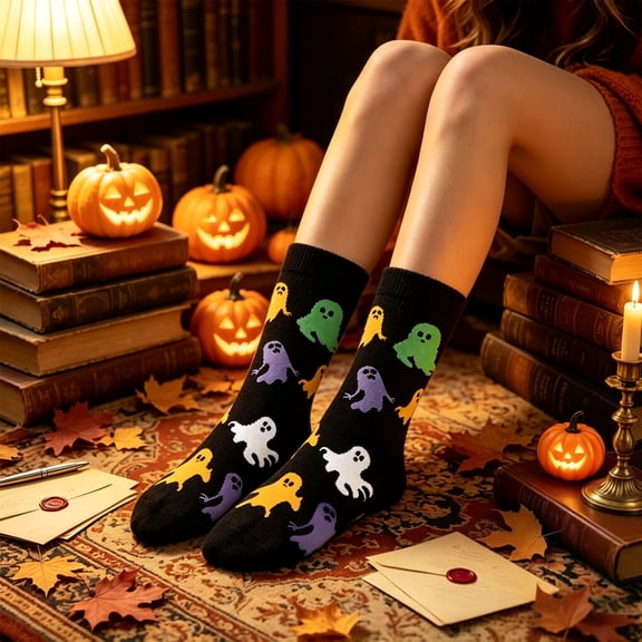 Huowey Halloween Socks For Men Women Crew Cotton Bat Ghost Pattern Fall Winter Soft Festival Party Socks,Black