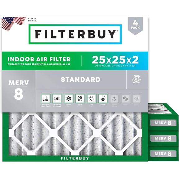 Filterbuy 25x25x2 Air Filter MERV 8 Dust Defense, Pleated HVAC AC Furnace Filter Replacement, 4-Pack