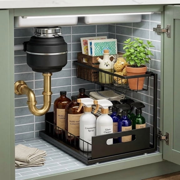 2-Tier L-Shape Under Sink Organizer, Slide Out Metal Kitchen & Bathroom Storage Rack, Kitchen Cabinet Organizer, 1 Pack