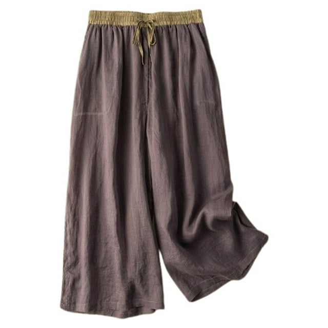 Women's Versatile Elastic Waist Wide Leg Pants - Contrast Trim Linen Cropped Trousers