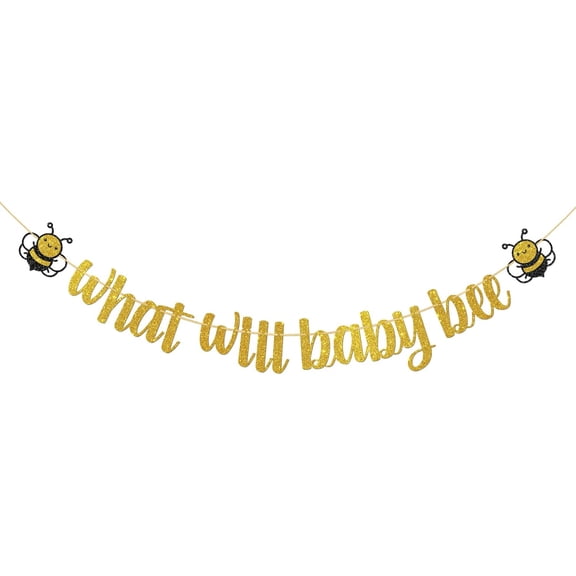 Gold Glitter What Will Baby Bee Banner with Bumblebee Cutouts, Bee Theme Gender Reveal Baby Shower Party Supplies