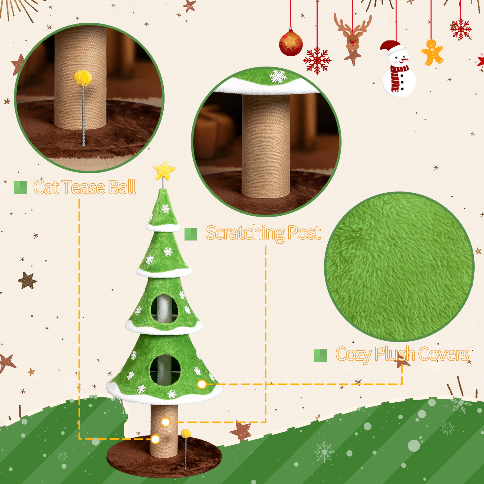 Zephypaws 59" Holiday Cat Tower with 2 Hideaway Condos, Fleece-Covered Levels, Sisal Scratch Post, Hanging Teaser Toy, Broad Base for Stability & Decorative Tree Design, Green & White