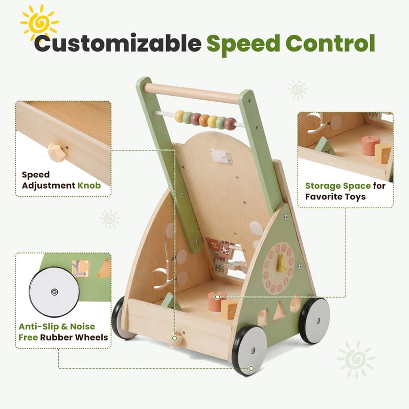 Gianna Wooden Baby Walker for First Steps, Adjustable Speed Push Walker with Montessori Activity Center, Silent Wheels Baby Walking Toys (Green)