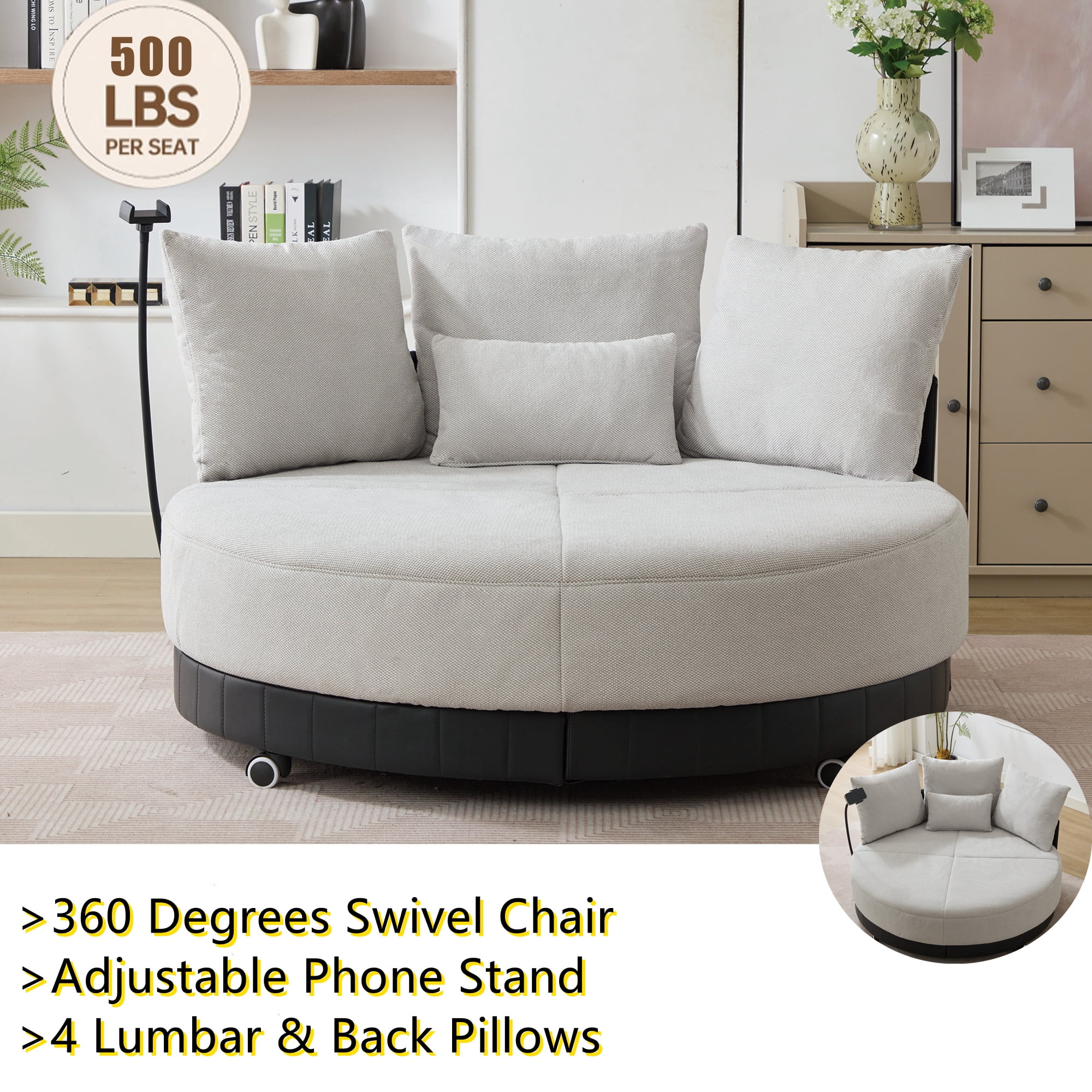 Aukfa 53 in Swivel Accent Chair, Oversized Barrel Chair Read Chair, Adjustable Phone Stand, Gray