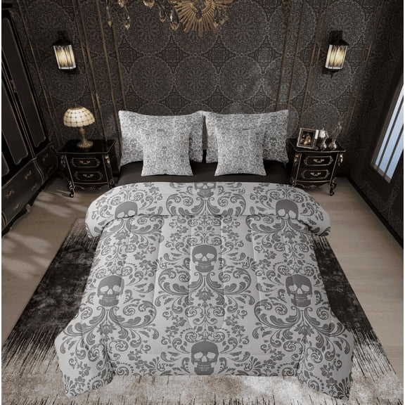Damask Gothic Bedding Set Adults Antique Victorian Bed in a Bag King Size Comforter Set 7 Pieces,Sliver Grey Sugar Skull Sheet Set Vintage Floral Goth Bed Set,Exotic Bone Skeleton Bohemian Decor