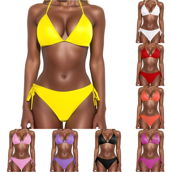 ZHOGXU Women's Swimsuits Two Piece Solid Color Halter Neck Separate Top And Shorts Comfortable Stylish Bkinini Sets Swimwear For Beach Pool,Yellow,Xl