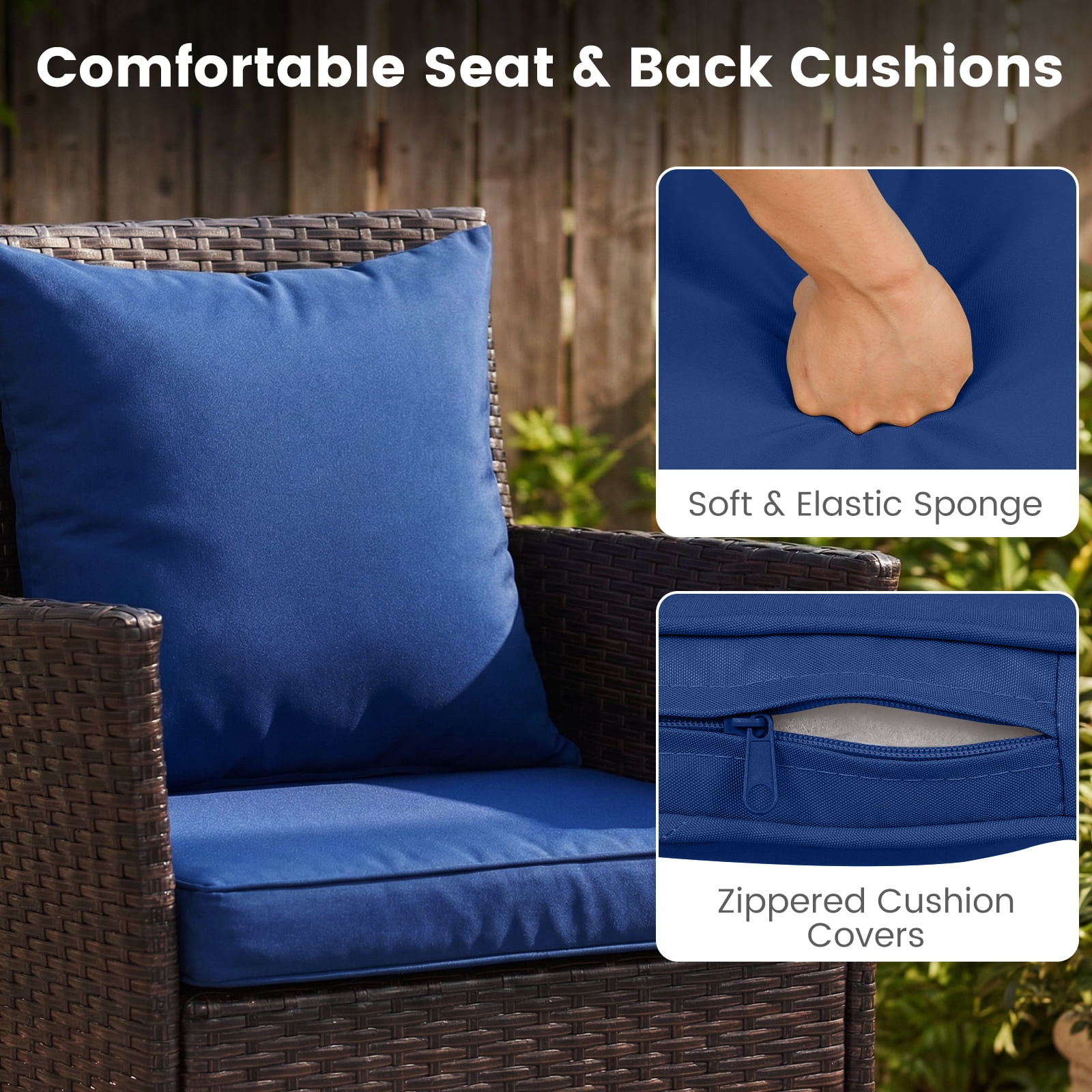 Costway 3PCS Patio Wicker Bistro Set, 2 Rattan Chairs with Double-Tier Tempered Glass Table Mix Brown+Blue