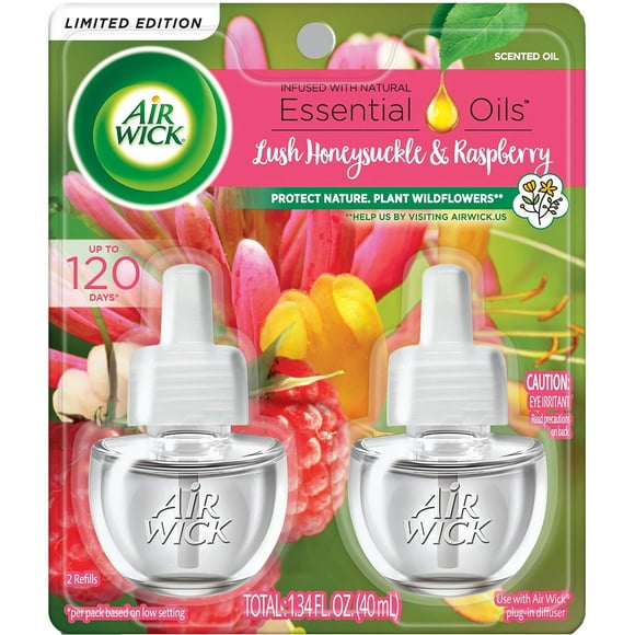 Air Wick Plug in Scented Oil Refill, 2 ct, Lush Honeysuckle and Raspberry, Air Freshener, Essential Oils, Spring Collection