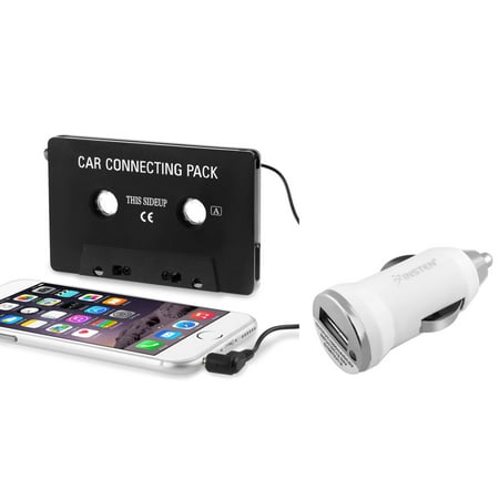 Apple 4s Car Phone Charger Insten In-Car Aux Audio Stereo Cassette Adapter + USB Car Charger White For Apple iPhone 6 6+ Plus SE 5 5S 5C 4 4S 3GS Samsung Galaxy S8 S7 S6 S5 S4 S3 J7 J3 LG K20 K8v K7 Stylo 3 2 G4 ZTE Majesty Pro ()