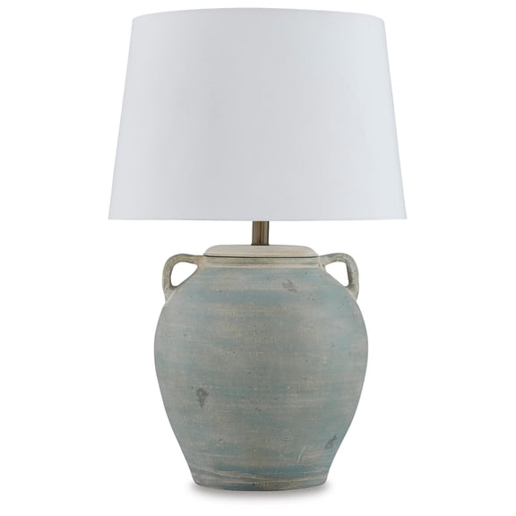 Signature Design by Ashley Shawburg Terracotta Table Lamp, Antique Green Finish, 28.5" Height, Modified Drum Shade