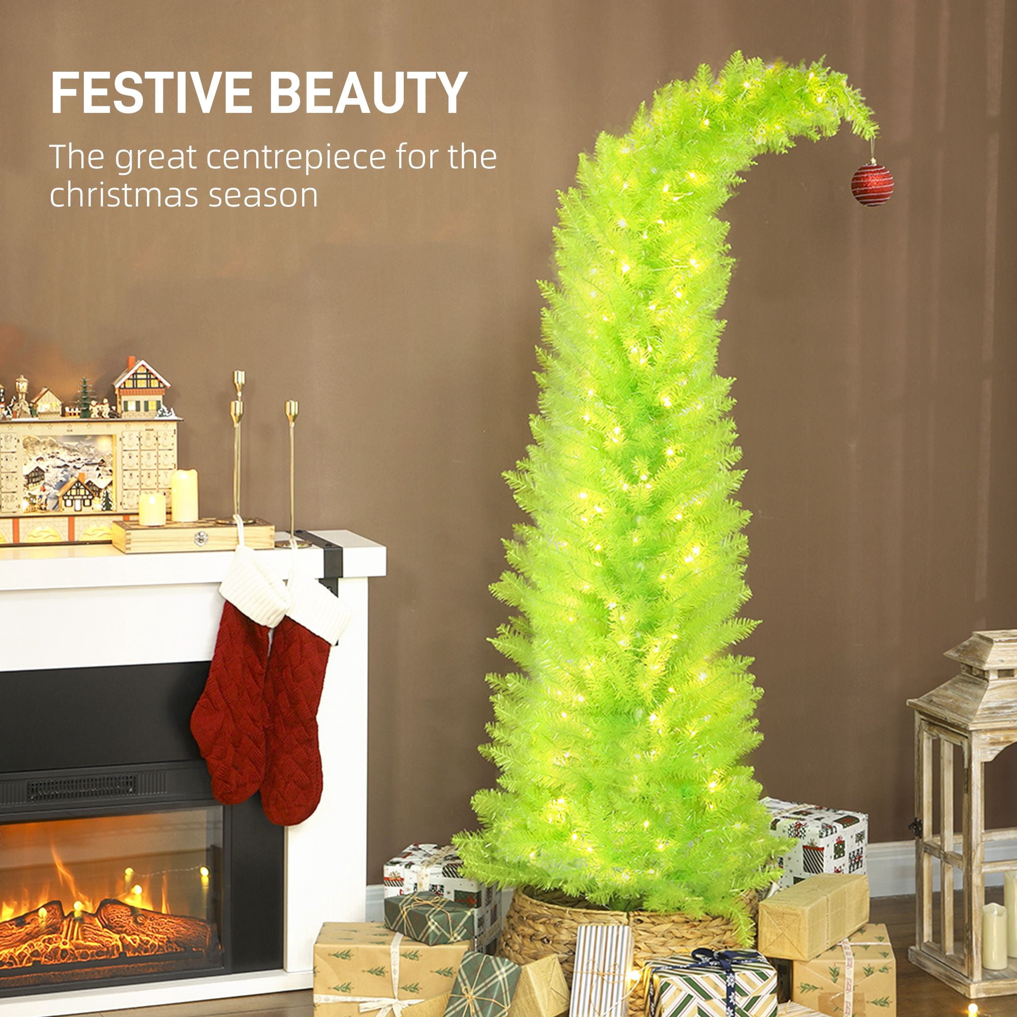 6 ft Prelit Pencil Christmas Tree with Bent Top, Red Ball Ornament, 230 Warm White LED Lights, 555 Tips, Metal Base, Indoor Holiday Decor for Small Spaces