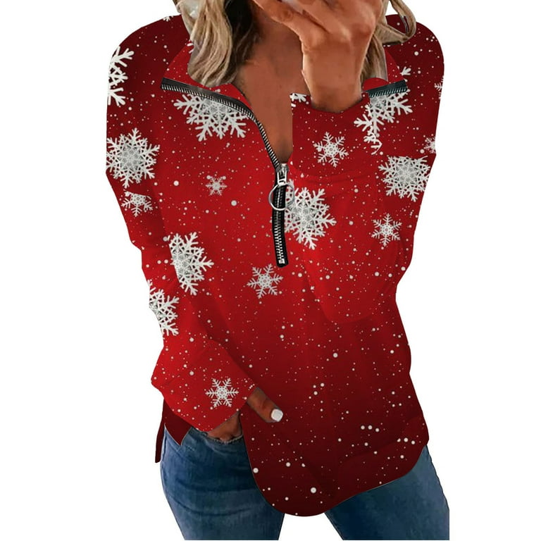 Yyeselk Women Christmas Fleece Sweaters Long Sleeve Zip up V-Neck Fuzzy  Sweatshirts Holiday Graphic Print Shirts Heedless for Ladies Red S 