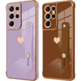 thumbnail image 5 of Designed for Samsung Galaxy S21 Ultra Case with Strap Luxury Love Heart Plating Gold Bumper Phone Cover Wristband Kickstand Full Body Protective Slim Case for Women-Purple, 5 of 10