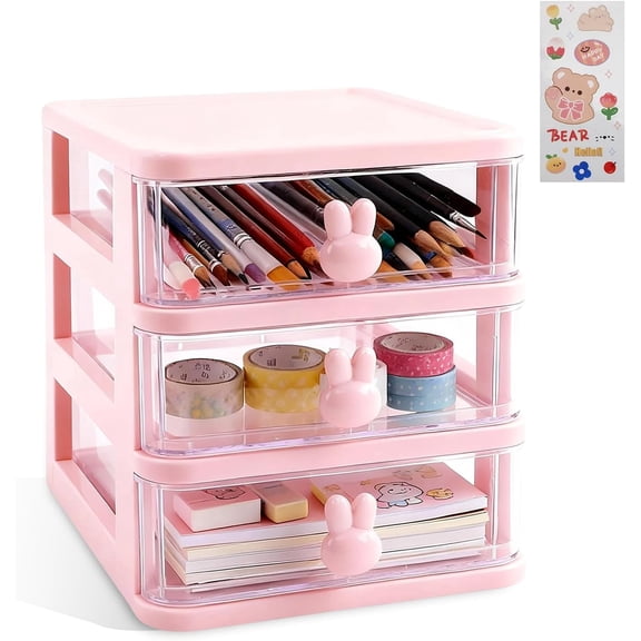 RETON Desk Organizer with Drawer, Stackable Makeup Organizer White, Small Plastic Storage Box for Desktop, Bathroom Counter or Dresser, Home, Office (Pink-3 Tier)