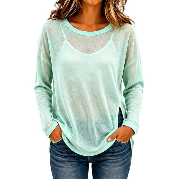 Shirts for Women, Women's Oversized Sheer Mesh Knit Sweater, Long Sleeve Sunscreen Pullover Tops, Lightweight See Through Cover Ups