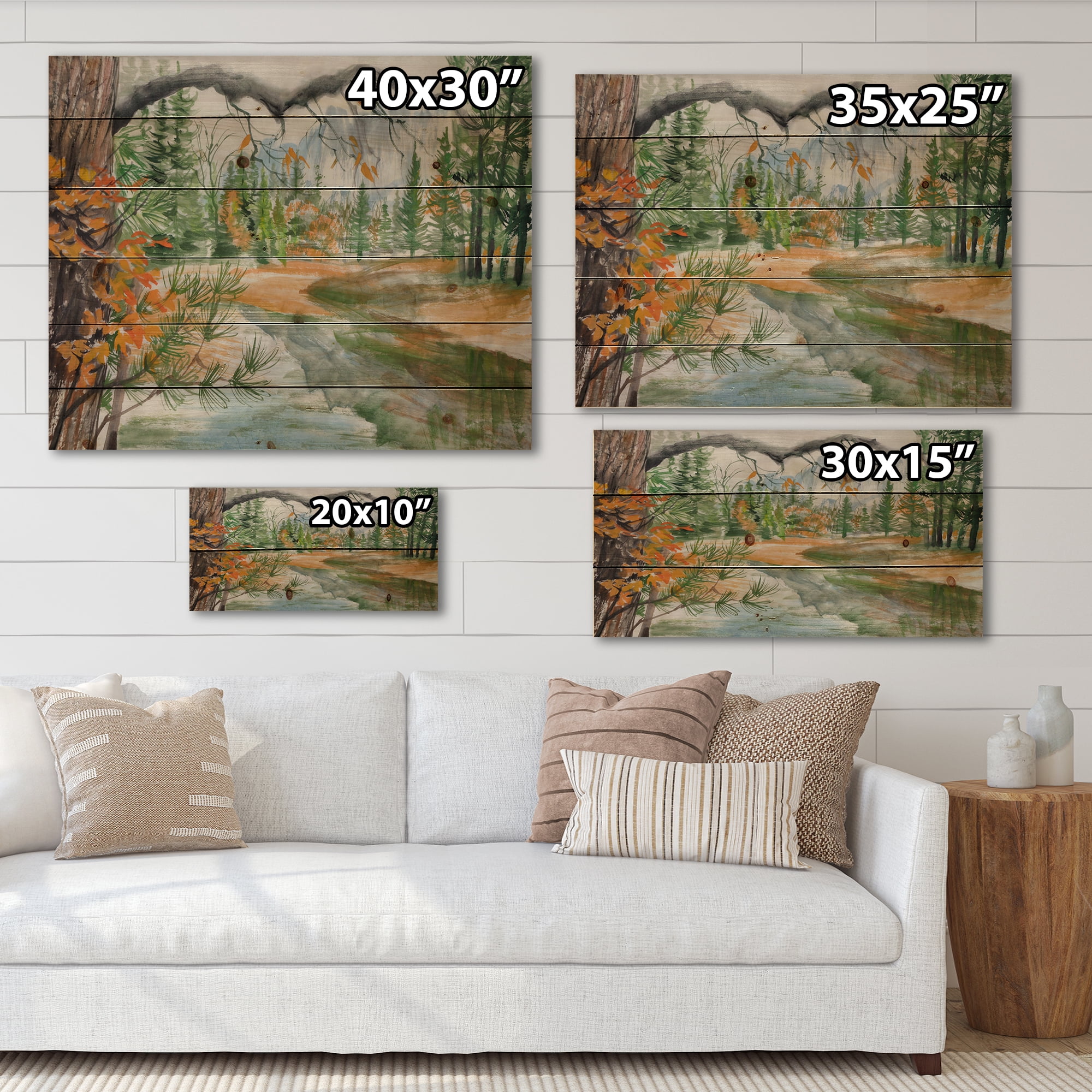 Designart 'Trees With River In Autumn Forest' Lake House Print on Natural Pine Wood