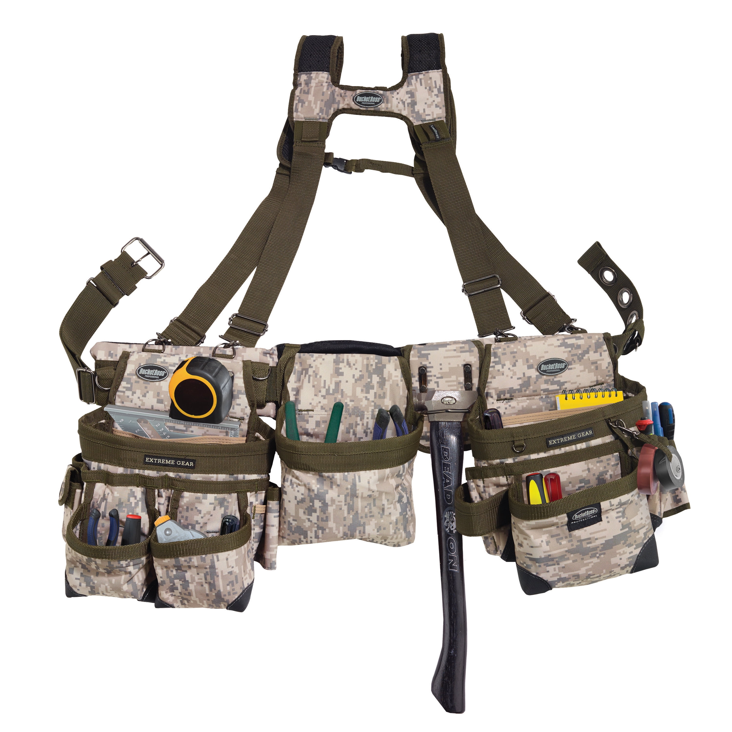 Bucket Boss 3 Tool Bag Tool Belt with Suspenders, in Digital Camo, 55185DIGC