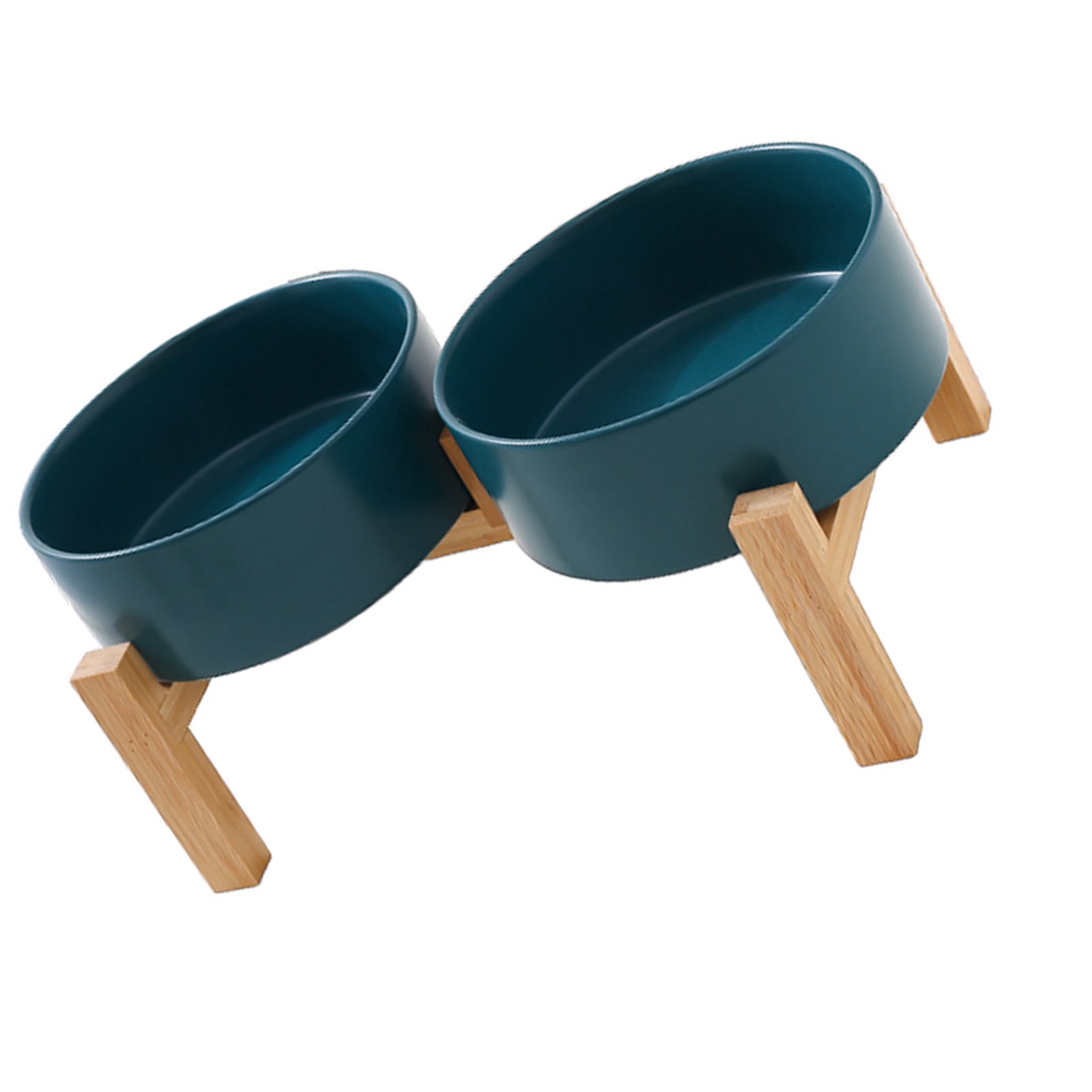 Ceramic Pet Double Bowl Dish Set with Wood Base Small Dog and Cats Feeding Station NonSpill Design for Home Use
