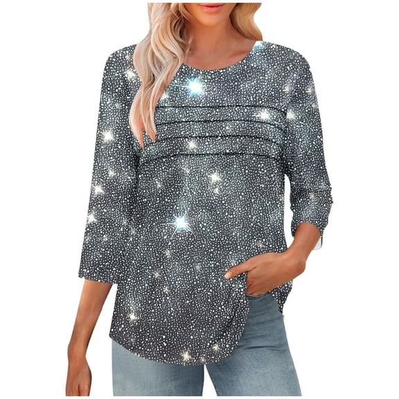 Sexlip 3/4 Sleeve Shirts for Women Casual Fall Fashion Crewneck Pleated Tunic Tops Work Outfit Blouse Gray S