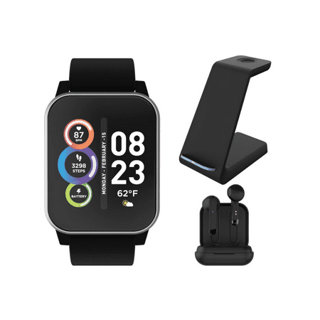 Itech Fusion 2 Unisex Adult Smartwatch w/ Bluetooth Earbuds&Charging Station,Silver/Black