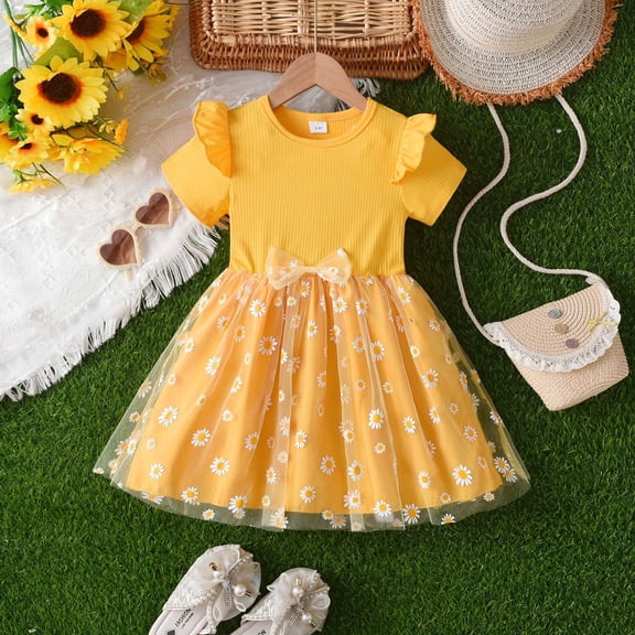 Easter Dresses Flower Prints Princess Dress Dance Dresses for Girls Teens Summer Outfits Beach Sundress (Yellow,3-4 Years)
