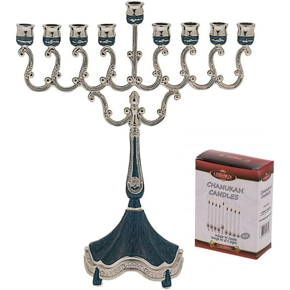 Small Silver Plated Hanukkah Menorah with Blue Enamel Design and 44 White Candles – Elegant 8.5” Tall Chanukiah, Kosher Candle Holder for Hanukkah Celebration