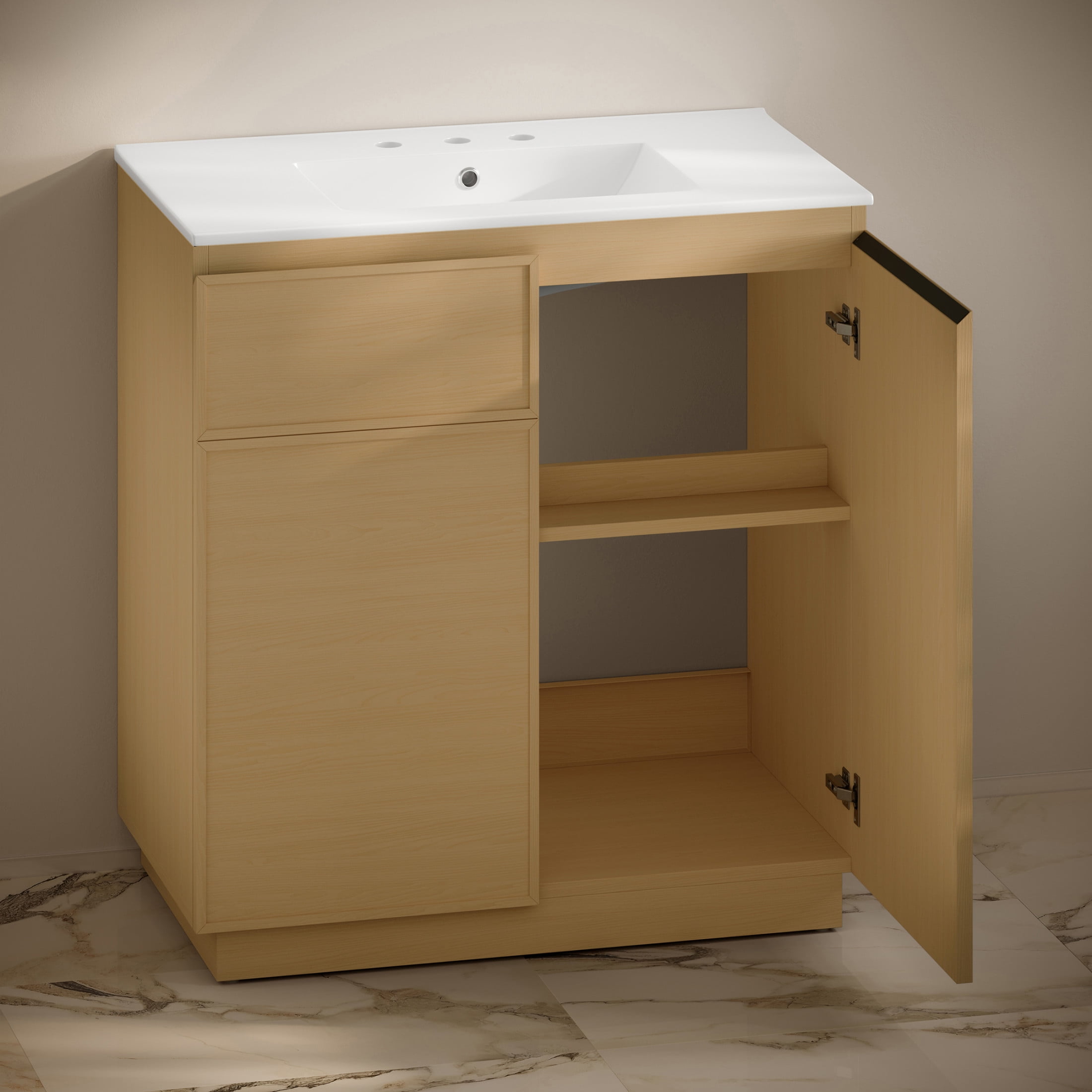 St. Tropez 36" Freestanding Bathroom Vanity in Natural Oak with 3-Hole Widespread Sink Top