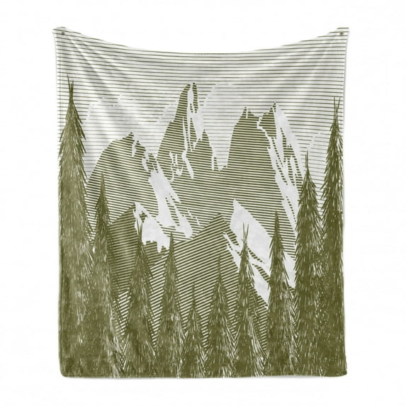 Nature Soft Flannel Fleece Throw Blanket, Woodcut Style Landscape Image with Trees and Mountain at the Background, Cozy Plush for Indoor and Outdoor Use, 50" x 70", Army Green and White, by Ambesonne