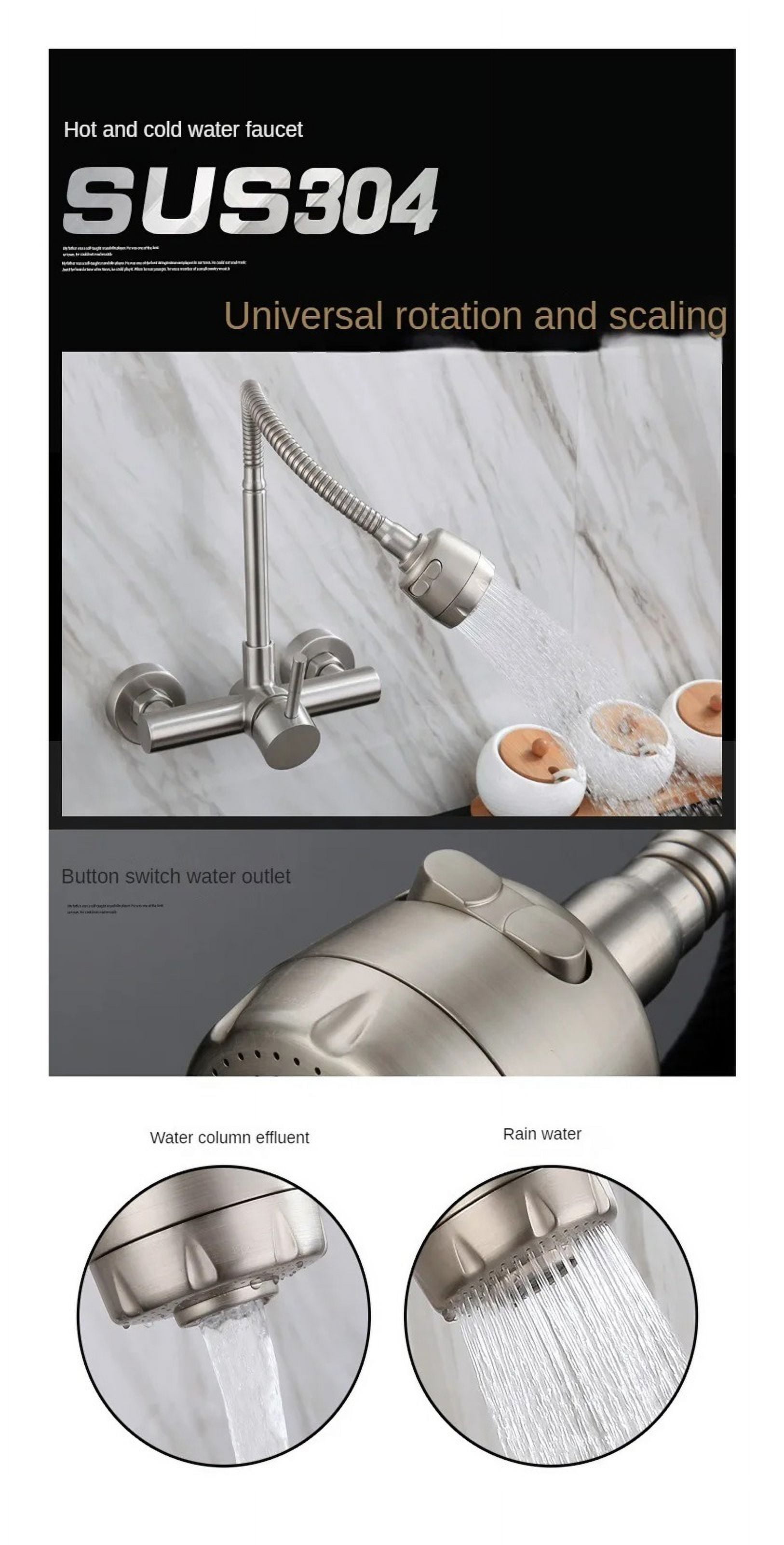 304 Stainless Steel Into Wall Hot And Cold, Double Hole Sink Universal Pipe Shower Water Rotary Kitchen Faucet ,Leakproof Design