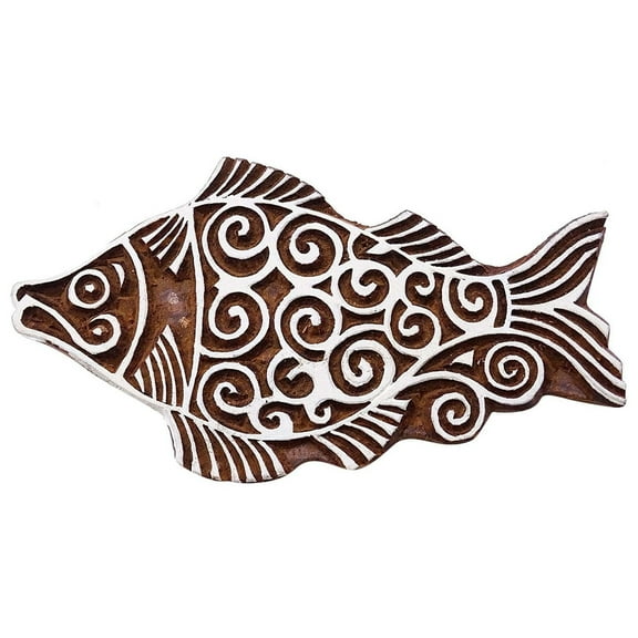 Handcarved Stamp Fish Decorative Blocks Brown Wooden Textile Stamps