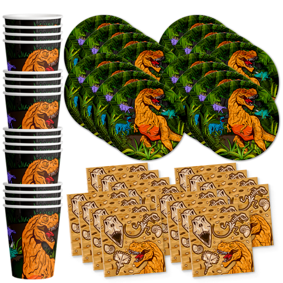 Roaring Dino Jurassic T-Rex Dinosaur Birthday Party Supplies - Dinosaur Decorations for Birthday Party - Dinosaur Birthday Set Plates, Napkins, and Cups | Tableware Kit for 16