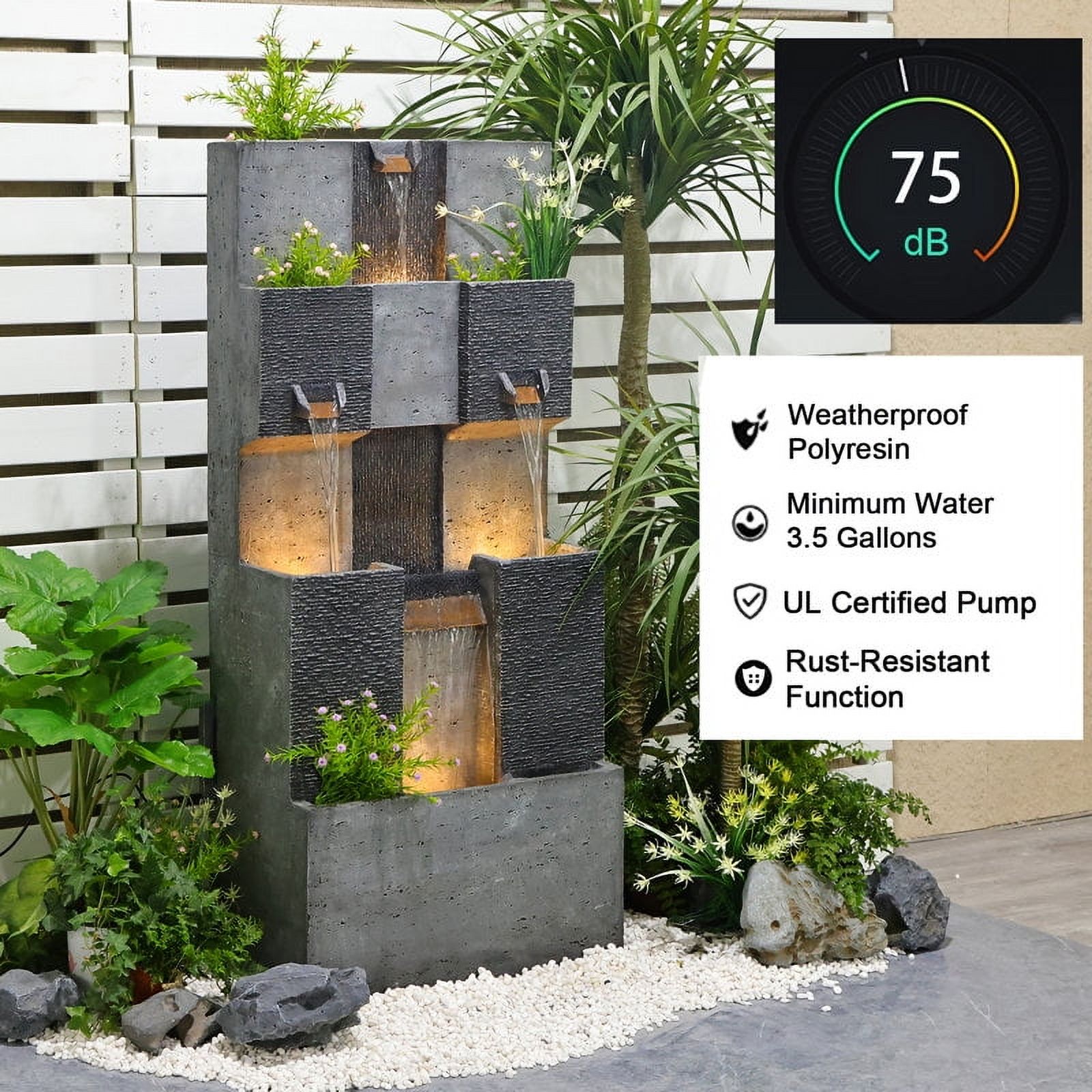 Outdoor Fountain 4 Tiered Modern Waterfall Fountains with LED Lights for Garden, Living Room, Patio, Home Decor