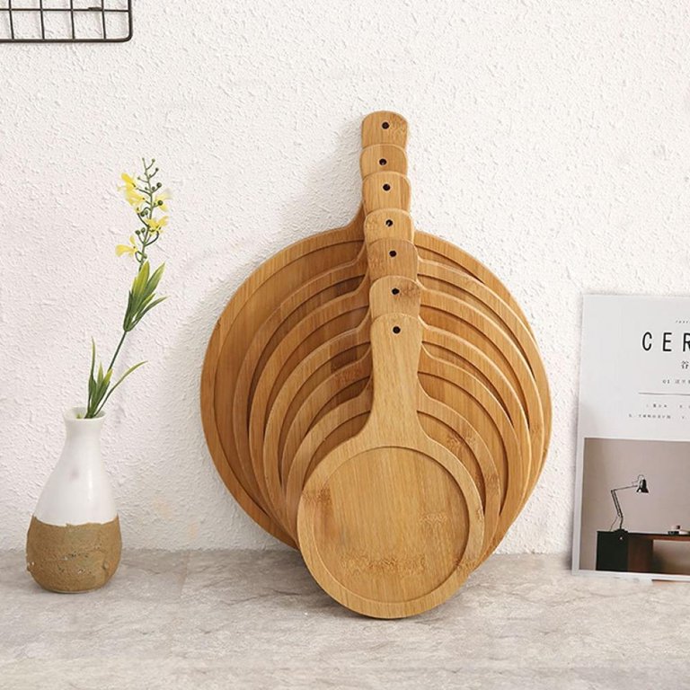 Clearance!Round Bamboo Tray Natural Bamboo Wooden Pizza Tray Household Use  Wash Wood Tray Board Handle 