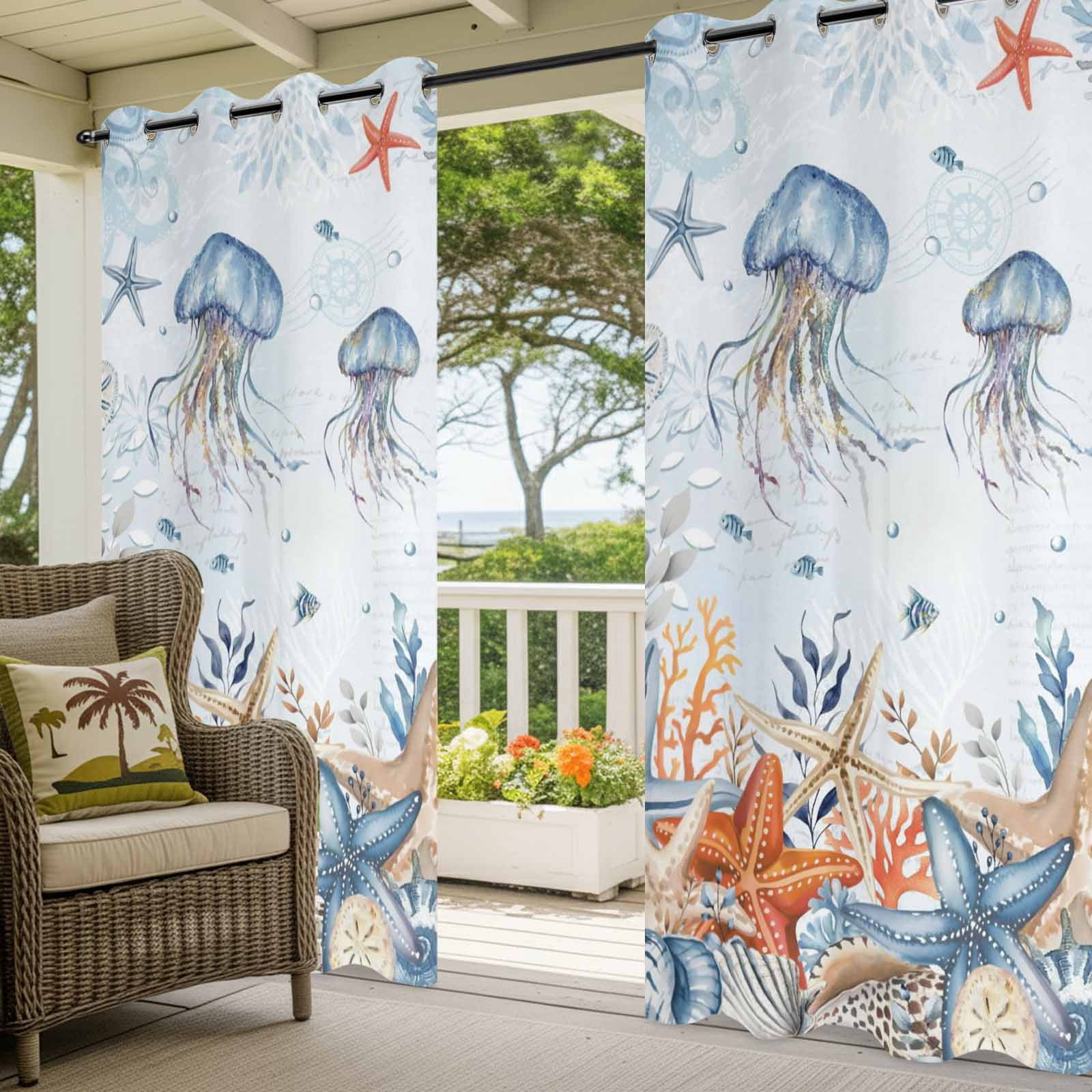 Oceans Marine Life Outdoor Curtains for Patio, Orange Blue Gradient Jellyfish Starfish Sunshade Privacy Drapes Grommet Waterproof Outside Curtains for Porch/Cabana/Balcony 54"x 108", 1 Panel