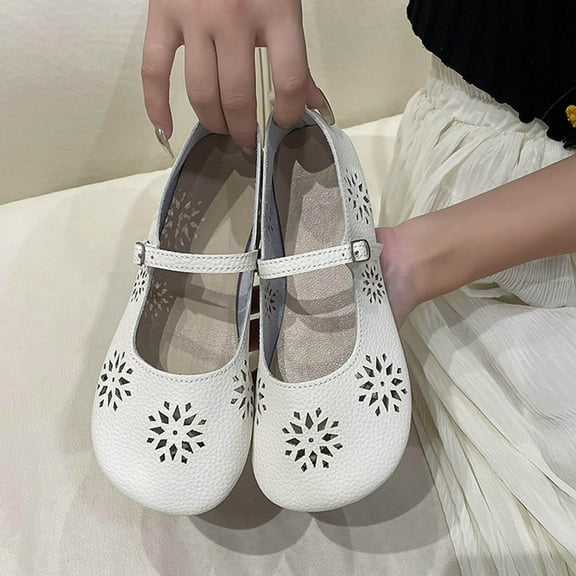 Aueoeo Mary Janes Shoes Women Flat Faux Leather Shoes Fashion Round Toe Strap Comfort Casual Flower Hollow Shoes