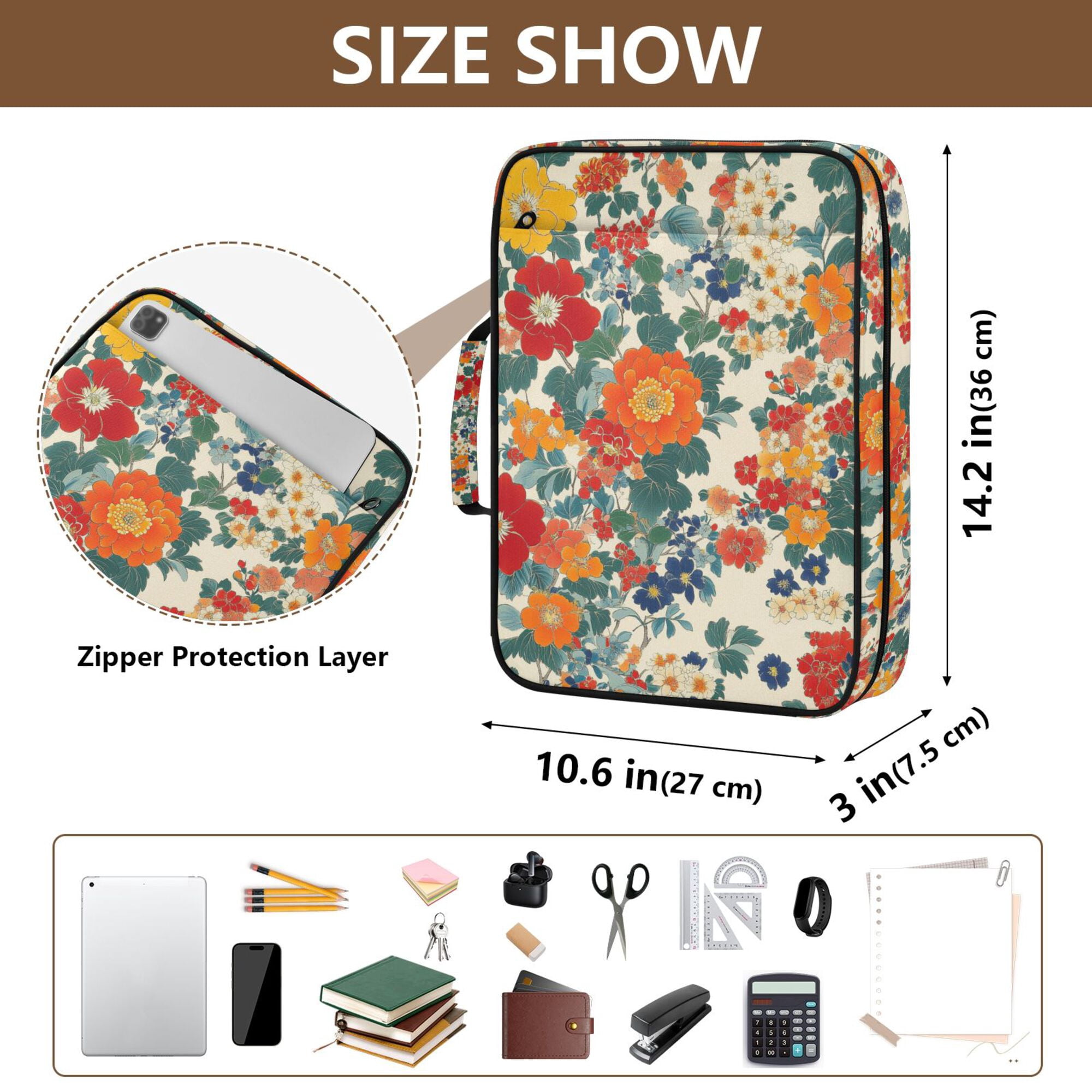 FORMRS Accordion File Folder A4 Size 7-Pocket Expanding Document Organizer Bag with 3 Ring Binder, Orange Japanese Flowers Pattern