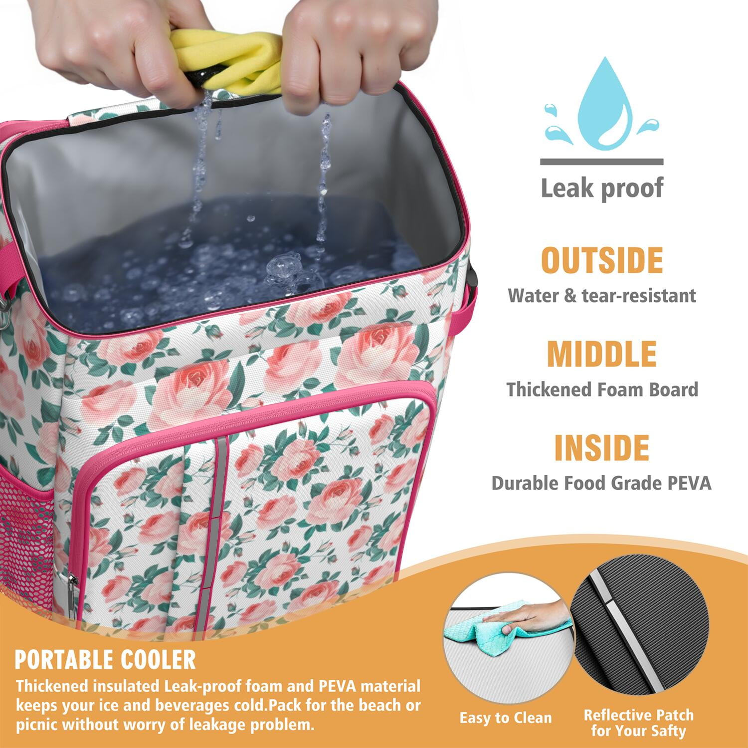 Travel Cooler Bag - Pioneer Flower Floral Print Pattern Camping Beer Cooler Backpack with Bottle Opener- Waterproof Insulated Picnic Backpacks - Cooler Bag for Beach