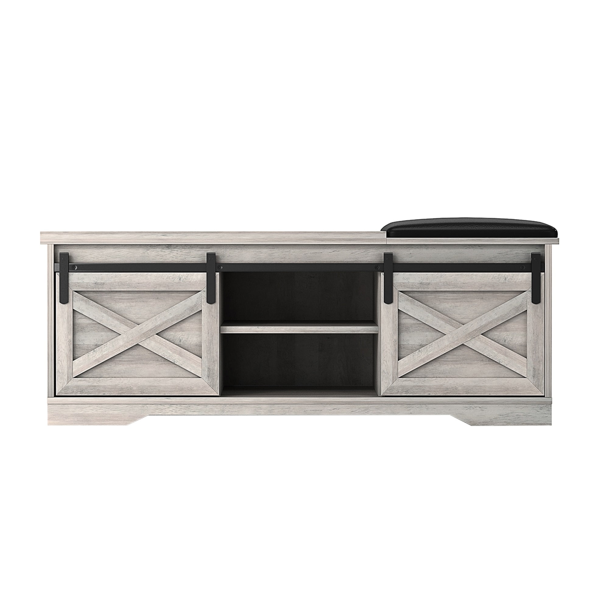 Kepooman Modern Farmhouse Sliding X Barn Door Litterbox Bench with Entry Cutout for Living Room, Grey Shoe Bench Kepooman Modern Farmhouse Sliding X Barn Door Litterbox Bench with Entry Cutout for Living Room, Grey Shoe Bench