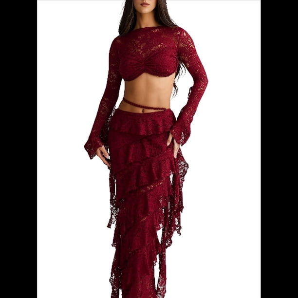 Conjunto de 2 Piezas de Camiseta Sin Mangas con Encaje de Cuerda para Mujer, Faldas Escalonadas Ajustadas, Vestido de Cóctel para Fiesta. Vino Tinto S