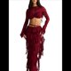 thumbnail image 1 of Conjunto de 2 Piezas de Camiseta Sin Mangas con Encaje de Cuerda para Mujer, Faldas Escalonadas Ajustadas, Vestido de Cóctel para Fiesta. Vino Tinto S, 1 of 7
