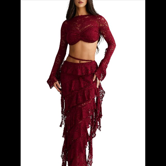 Conjunto de 2 Piezas de Camiseta Sin Mangas con Encaje de Cuerda para Mujer, Faldas Escalonadas Ajustadas, Vestido de Cóctel para Fiesta. Vino Tinto S