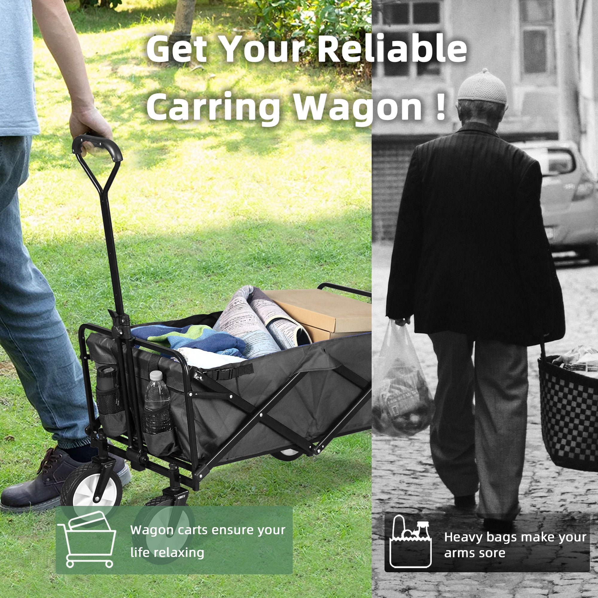 YRLLENSDAN Folding Wagon with Wheels Foldable Wagon Grocery Wagon Outdoor Wagon Cart Portable Wagon Utility Wagon for Camping Beach Sports Wagon,Black