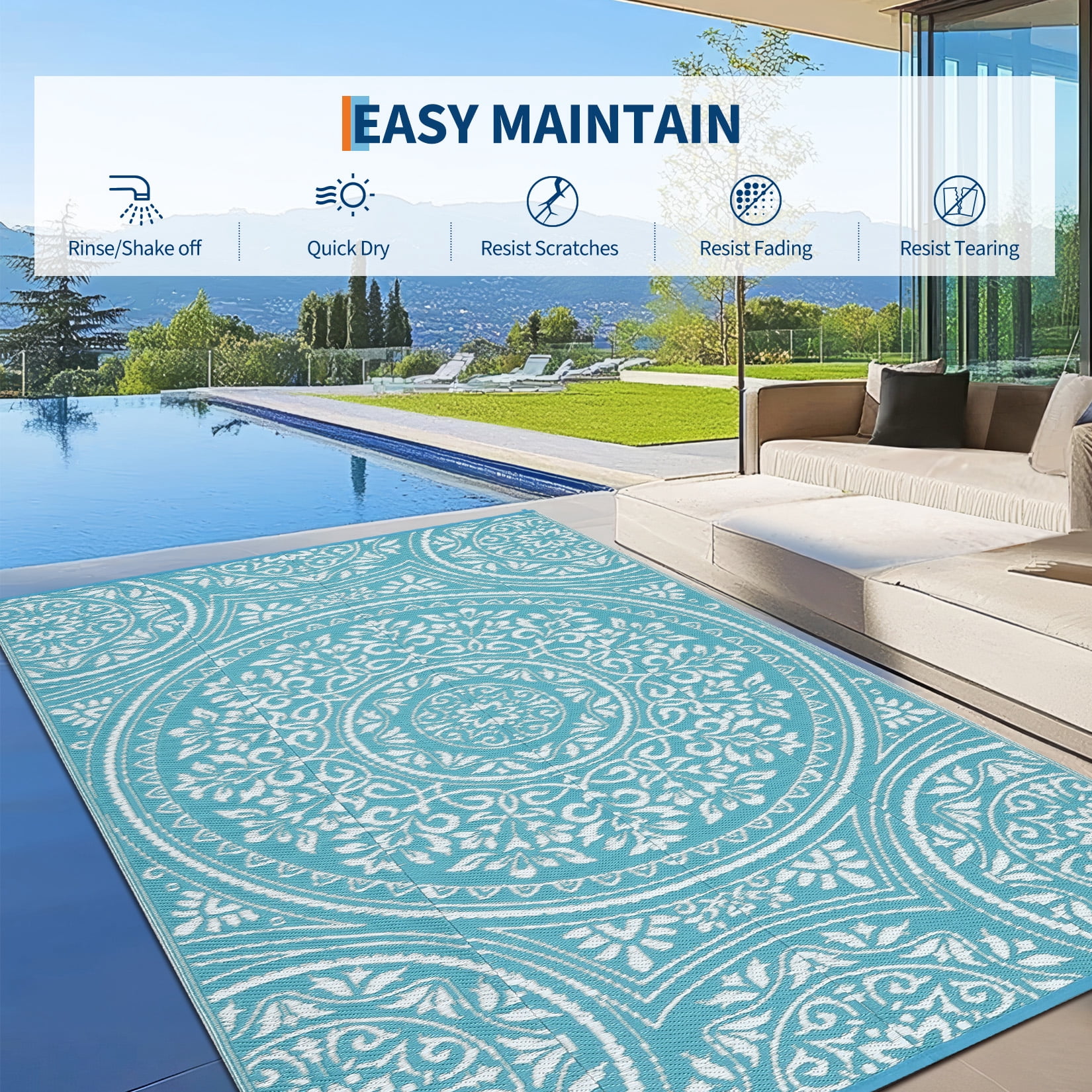 HIWEAVER 8' x 10' Light Blue Outdoor Rug PP Plastic Straw Woven Waterproof Patio Rug with Border Portable Outside Carpet for Balcony Deck Picnic Garden Decor