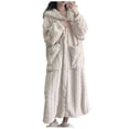thumbnail image 2 of Wyongtao Women's Fleece Robe Soft Kimono Spa Knitted Ribbed Long Bathrobe Elastic Pocket Loungewear Knee Length Robes,Beige XL, 2 of 4
