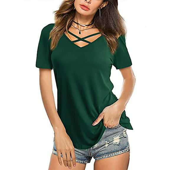 Hesxuno Womens Tops Summer Fashion Solid Color T Shirts Loose V Neck Short Sleeve Blouses Ladies Casual Tunic Top