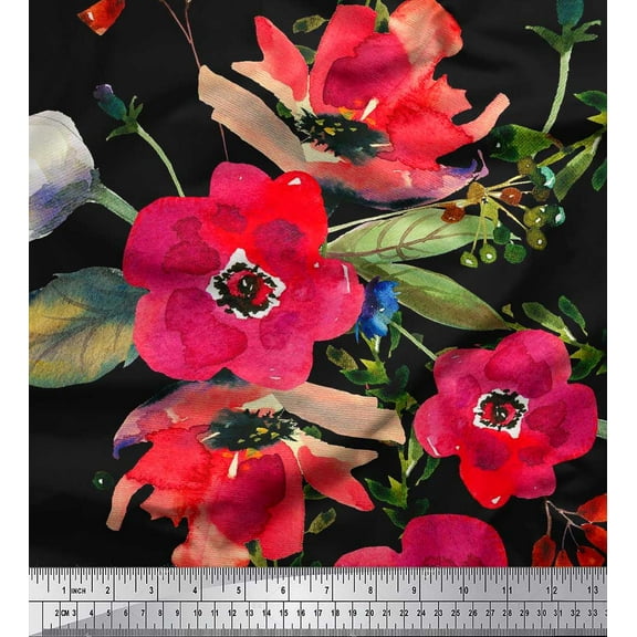 Soimoi Cotton Duck Fabric Leaves & Poppy Flower Print Fabric by the Yard 42 Inch Wide