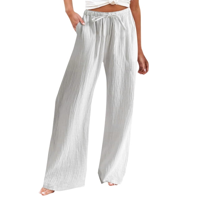 AherBiu Wide Leg Pants Woman Loose Casual Elastic Waist Drawstring Straight Solid Color Lounge Vacation Trousers